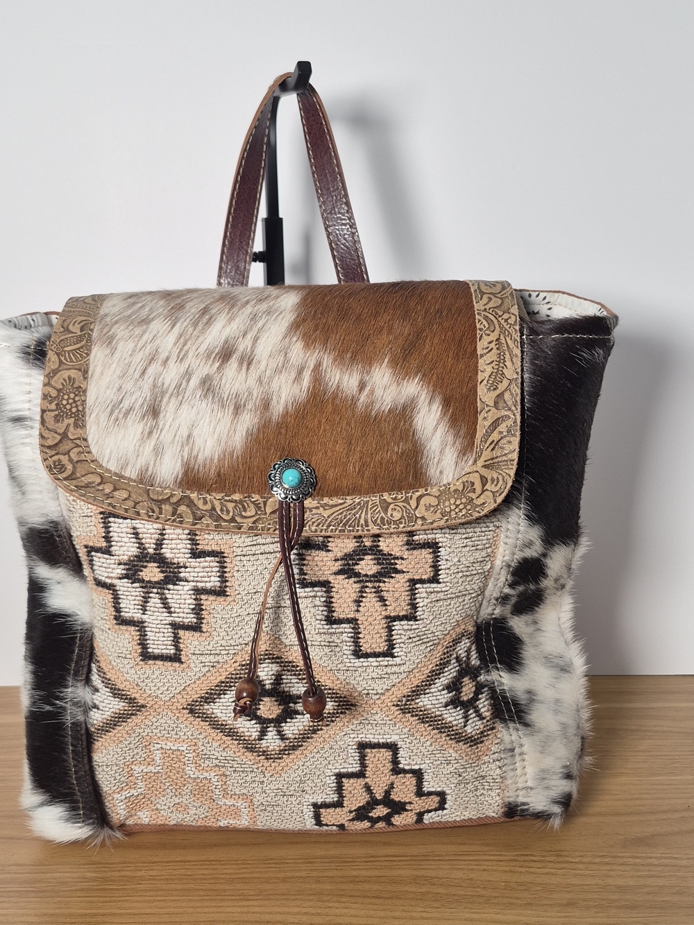 NWT Myra Bag Cowhide Tooled Leather Kilim Western Boho Backpack Handbag Aztec